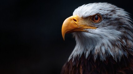 Eagle with a white feathered head and brown body on the right of the image with a black background and copyspace