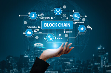 A digital hand represents the concept of blockchain technology, showcasing key elements like security, cryptography, and network connectivity in a futuristic setting. Tessel