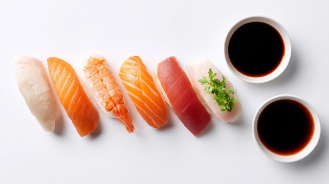 Delicious sushi selection neatly arranged on a white background. Each piece of sushi offers a unique flavor and style. Perfect for food enthusiasts and sushi lovers. AI - Powered by Adobe