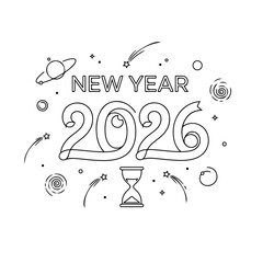 New Year 2026 Minimal Line Art Illustration ? Festive Outline Vector with Cosmic Elements.ai