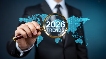 Sharp executive scrutinizes 2026 global market trends using a magnifying glass over a digital world map