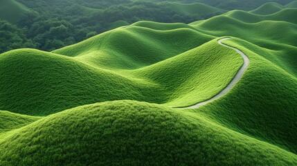 Scenic landscape with lush green rolling hills, winding path under natural sunlight, travel, eco tourism, environment, adventure, hiking, sustainability, nature inspiration, exploration, scenic beauty