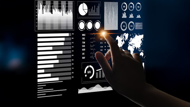 Interactive digital dashboard showcasing business analytics and data visualization. A hand engages with charts and graphs for insightful financial analysis. Impute - Powered by Adobe