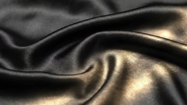 Elegant Black Satin Fabric with Golden Sheen and Smooth Drapes.