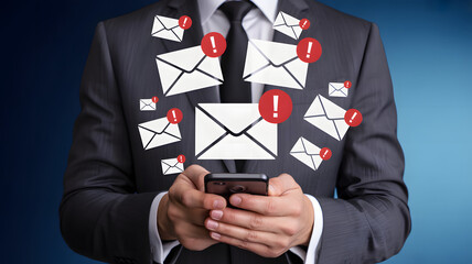 Businessperson holding smartphone surrounded by email icons symbolizing digital communication overload