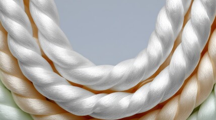 Intertwined Thick Strands of Rope in Neutral Tones Forming a Spiral Loop with Soft Lighting and a Plain Background