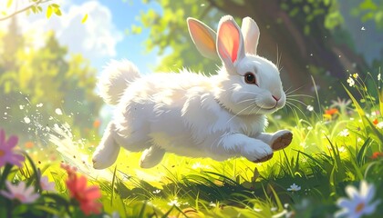 A fluffy white rabbit leaping through a sunny meadow filled with colorful flowers and bright green grass