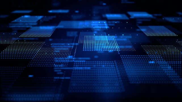 Abstract Digital Data Grid Background with Blue Dots and Futuristic Technology Pattern for Cybersecurity, Big Data, and AI Concepts. Animation 4k. 3D rendering