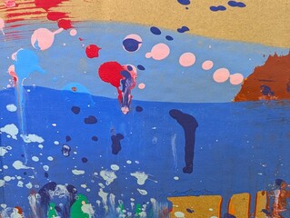 Abstract artwork with dripping blue paint on a yellow background_251207_12