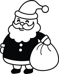 A simple line drawing of a cheerful cartoon santa claus holding a large sack of gifts isolated on white background.