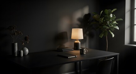 A minimalist dark workspace bathed in warm lamplight