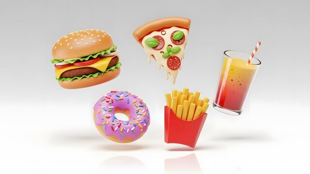 3D Rendered Fast Food Items Floating Against White Background Keywords: fast food, burger, pizza, fries, donut, drink, soda, icons, 3D, rendered