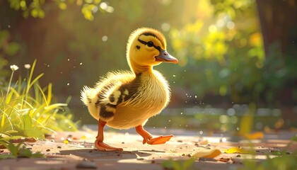 A fluffy yellow duckling struts purposefully on a path, bathed in warm, dappled sunlight, blurring into green background