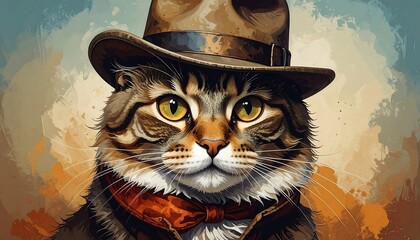 A fluffy tabby cat wearing a brown hat and red scarf, against a painterly, colorful background