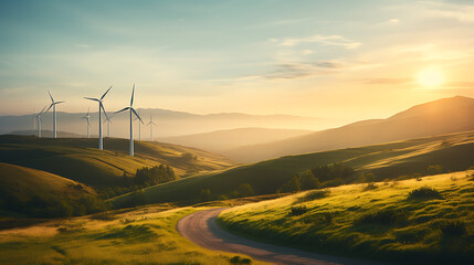Wind turbines standing across rolling hills at sunset, generating clean renewable energy and highlighting the harmony between modern technology, sustainable development, and natural landscapes