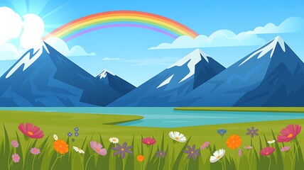 Fototapeta premium An enchanting digital illustration showcasing a picturesque mountain range, a calm reflective lake, and a vibrant field of flowers, bathed in sunlight under a spectacular rainbow