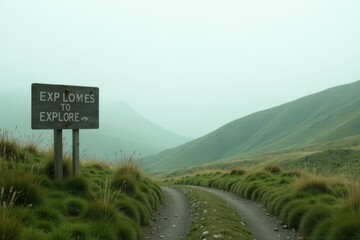 A Rustic Sign Beckons Adventure Down a Winding Path Through Verdant Hills on a Misty Day