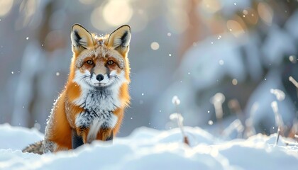 A fox sits in snow, lit by sun, with bokeh forest background
