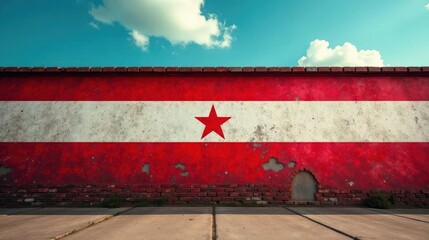 A weathered brick wall displays a faded flag design featuring horizontal bands and a central star, set against a vibrant blue sky with fluffy clouds.