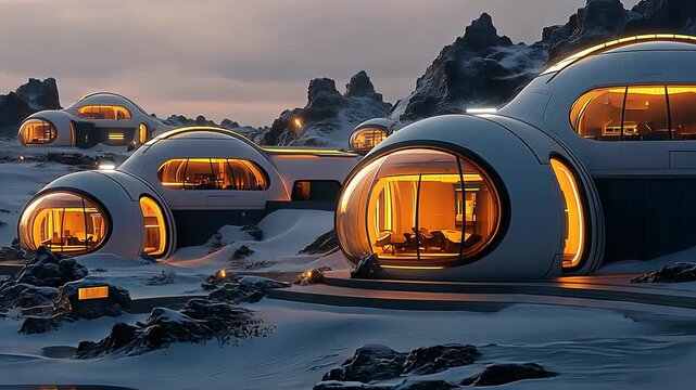 Futuristic dome houses glow warmly against a snowy, mountainous backdrop at dusk.