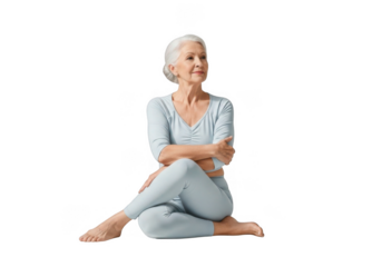 Serene elderly woman in light blue activewear sitting cross-legged, isolated on transparent background