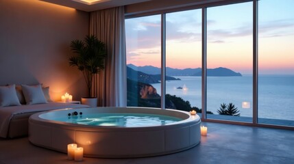 Serene Sunset Spa Retreat Luxurious In-Room Hot Tub Experience with Breathtaking Ocean View