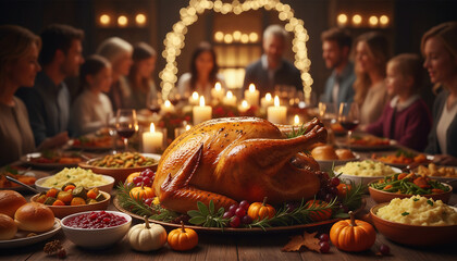 Festive family gathering around a beautifully roasted turkey with Thanksgiving dishes, candles, and warm lights creating a joyful holiday atmosphere.