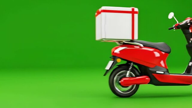 Red Delivery Scooter with White Box on Green Background for Fast Service.