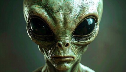 A close-up of an alien with smooth, greenish skin and large, black eyes, staring directly forward