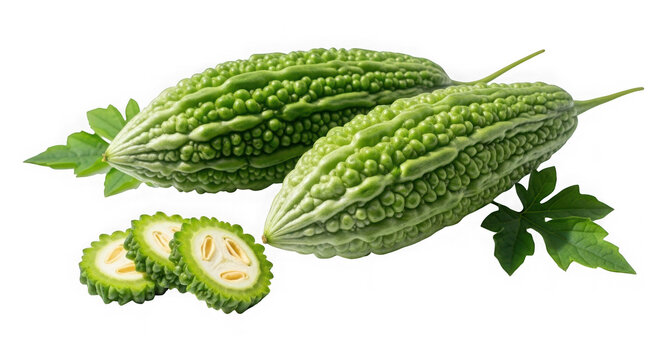 3d bitter melons and slices isolated on transparent background