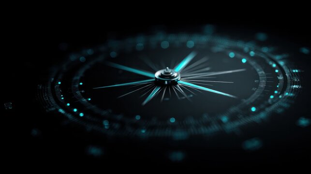 High-tech digital compass with glowing blue highlights representing futuristic navigation system and strategic direction concept