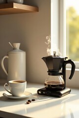 Aromatic Coffee Brewing Session in a Sunny Kitchen with a Modern Coffee Maker and a Cup of Freshly Brewed Coffee