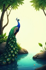 Majestic Peacock by Tranquil Waters, a Serene Avian Portrait in Lush Foliage