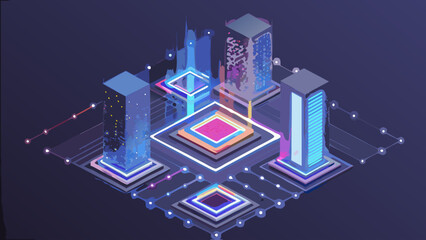 Isometric illustration of servers and interconnected nodes representing data network architecture