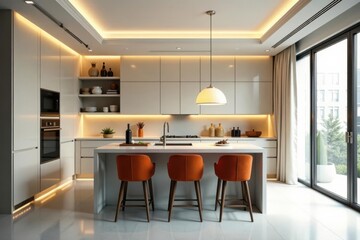 Modern minimalist kitchen design with integrated lighting, sleek cabinetry, and orange bar stools