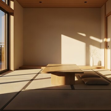 Minimalist Japanese Living Room Sunlight on Tatami Mats Wooden Table and Zabuton