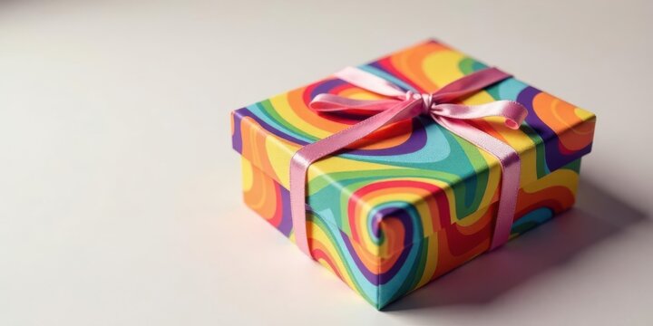 A brightly colored gift box with a pink ribbon, ready for a special occasion or celebration.  The whimsical rainbow design adds a touch of joy and festivity.