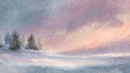 Pastel-toned snowy landscape abstract with light drifting snowflakes, ethereal gradients, and a peaceful winter fantasy ambiance 