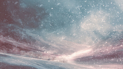 Pastel-toned snowy landscape abstract with light drifting snowflakes, ethereal gradients, and a peaceful winter fantasy ambiance 