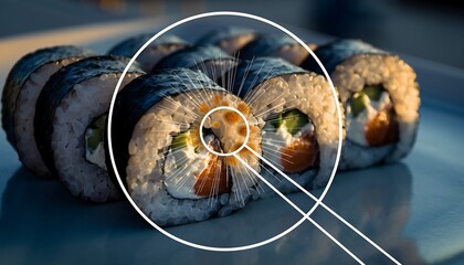 A close-up of sushi rolls featuring rice, nori, filling, and magnified roe, on a light blue surface, soft lighting