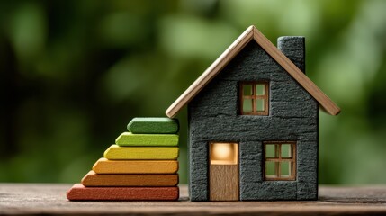 Energy efficiency rating concept showing wooden house with low consumption on renovation with insulation and Sustainable development on a wood surface