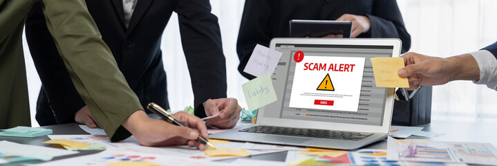 Analyst team use sticky note for creative and analytic brainstorm for business idea with BI data dashboard on laptop screen. Analysis financial data visualization tech for marketing strategy. Prodigy