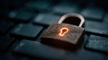 Lock with glowing keyhole sits on black patterned surface, representing cybersecurity and secure access