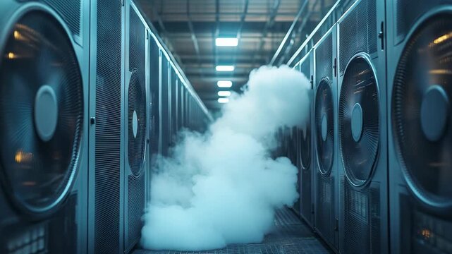 Large industrial cooling fans inside a data center corridor releasing clouds of cold vapor smoke, advanced technology, digital infrastructure, energy systems, cooling, server environment, innovation.