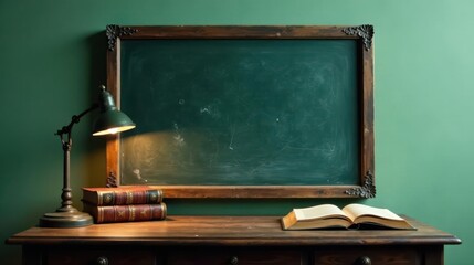 A dimly lit study featuring an antique desk, a vintage green chalkboard, and aged leather-bound books under a desk lamp