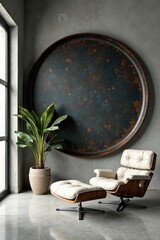 Modern Interior Design Featuring a Large Circular Wall Decor and Comfortable Lounge Chair with Ottoman