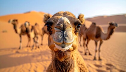 A close-up shot of a camel's face with a herd of camels standing in the background in a desert setting