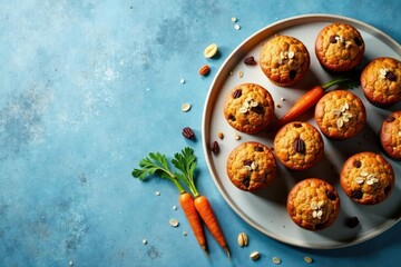 A plate of delicious muffins topped with oats and pecans, accompanied by fresh carrots and parsley on a blue background