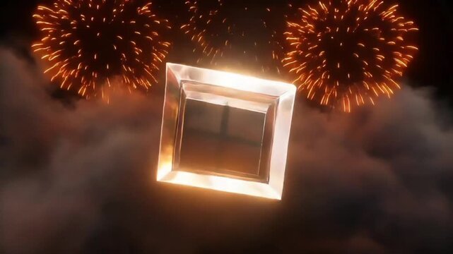 A glowing square frame with a dark center floats amidst vibrant orange fireworks and smoke on a dark background.