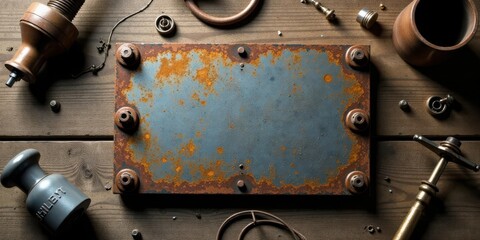 Rustic Metal Plate with Assorted Vintage Industrial Components and Tools